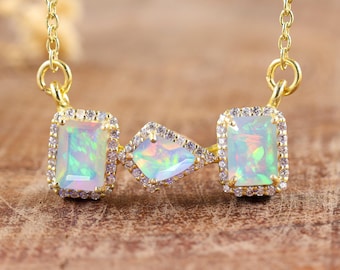 White fire Ethiopian opal pendant necklace, October birthstone, fire opal jewelry, Handmade necklace, Gold Necklace, AAA Ethiopian opal