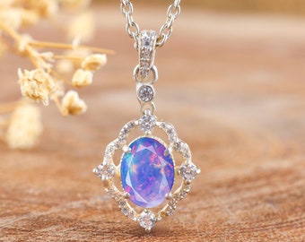 Lavender fire Ethiopian opal pendant necklace, Oval opal pendant, Minimalist pendant Necklace, AAA Ethiopian opal pendant, Genuine fire opal