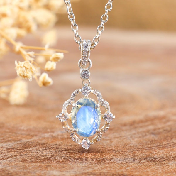 White Rainbow moonstone pendant necklace, Minimalist pendant necklace, AAA Moonstone pendant, 925 Sterling silver, Gold Pendant necklace