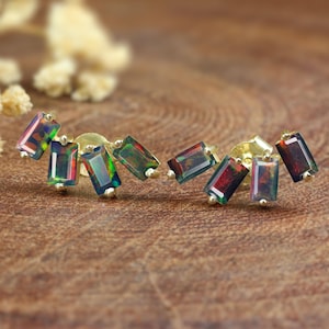 Black Fire Opal Baguette  Stud Earring, Genuine Opal Earrings, Four Baguette Style Studs, Opal Silver Earrings, October Birthstone Jewelry