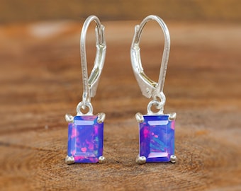 Genuine Lavender Faceted Octagon Opal Dangle Earring, Natural Fire Opal Silver Dangle Earring, October Birthstone Gift for Her Jewelry