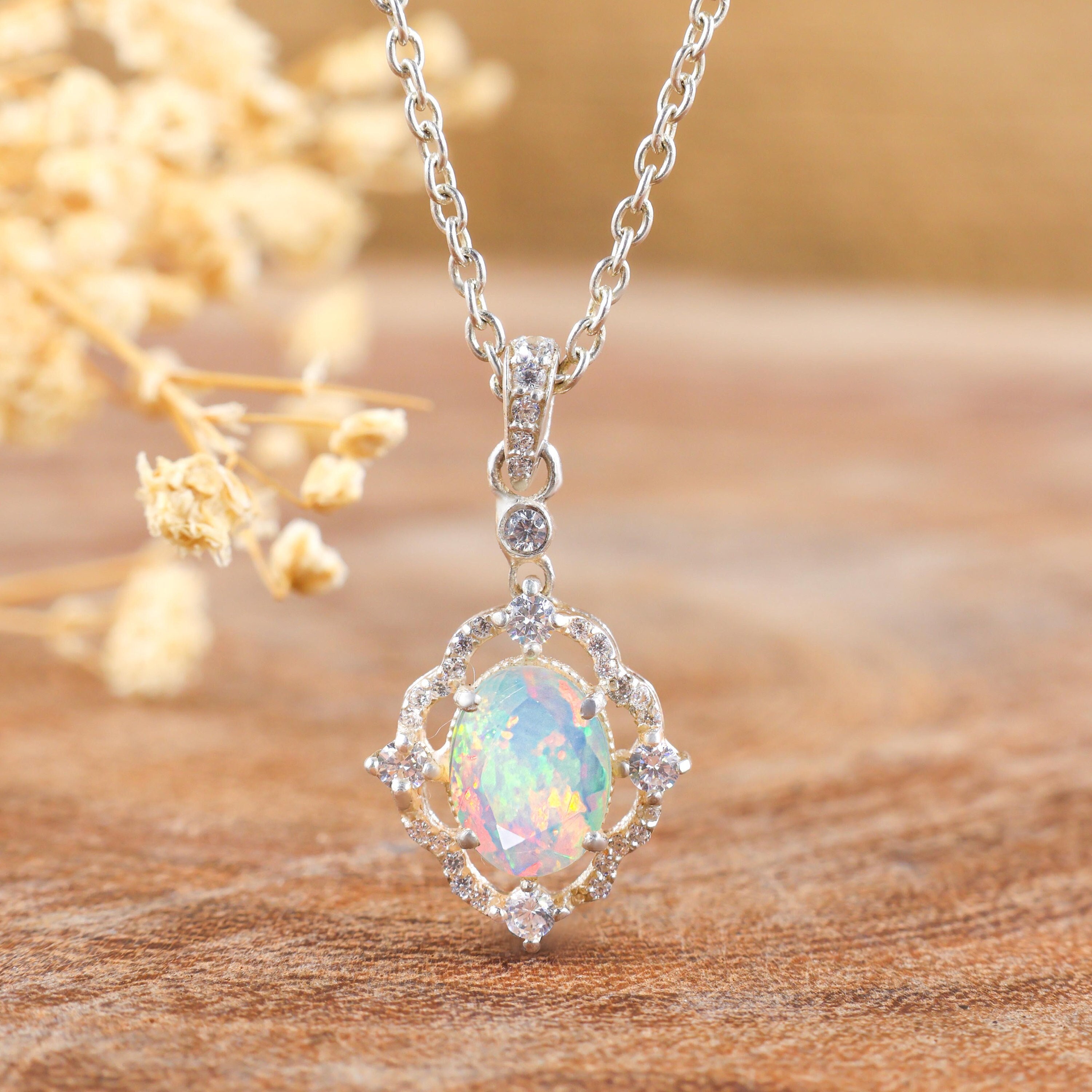 Natural fire opal pendant necklace, Gemstone Necklace, Gold Necklace, Silver Necklace, October birthstone, AAA Ethiopian opal, Vintage opal