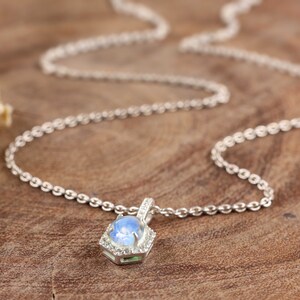 Pu&ograve; includere: Una collana con catena d'argento con un ciondolo esagonale che presenta una pietra di luna blu circondata da pietre pi&ugrave; piccole e trasparenti.