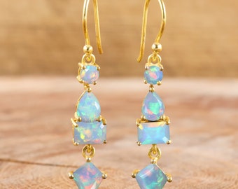 White fire Ethiopian opal dangle and drop earrings for women, Gold earrings, Gemstone earrings, minimalist earrings, Women earrings