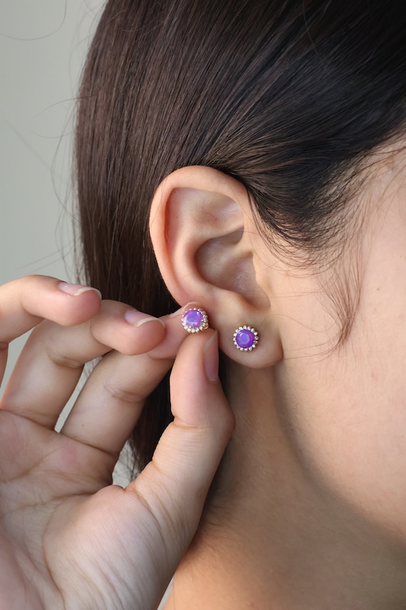 Lavender fire Ethiopian opal stud earrings, round opal earrings, Minimalist earrings, earrings for women, Vintage fire opal earrings