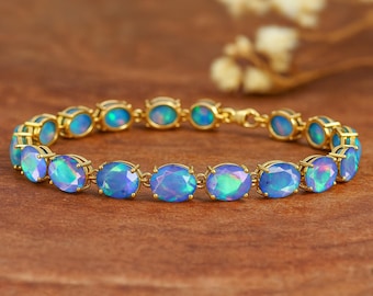 Fire Blue Oval Cut Faceted Opal Tennis Bracelet, Natural Opal Gold Bracelet for Her, October Birthstone Jewelry, Opal Gift for Women