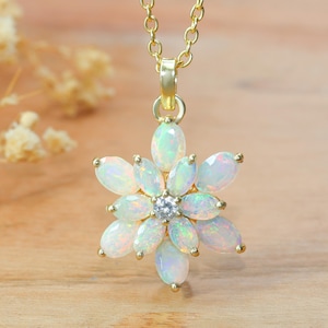 Ethiopian Opal Floral Pendant Necklace: 18K Gold Filled, October Birthstone