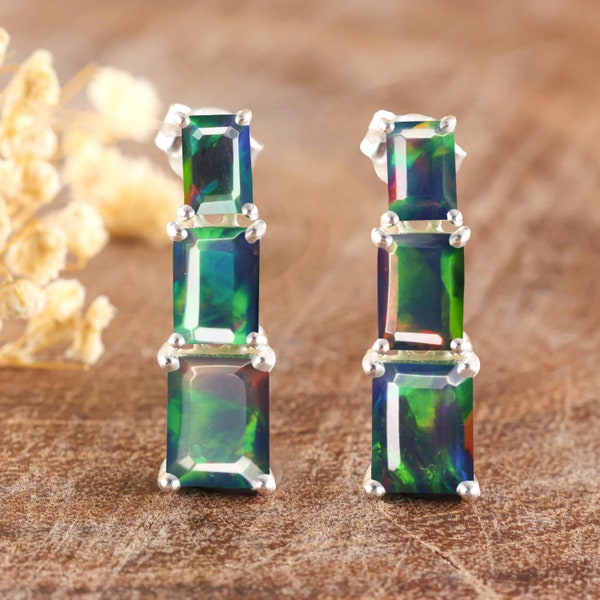 Black Octagon opal earrings, earrings for women, vintage fire opal earrings, AAA Ethiopian opal earrings, 925 Sterling silver, Gift for her