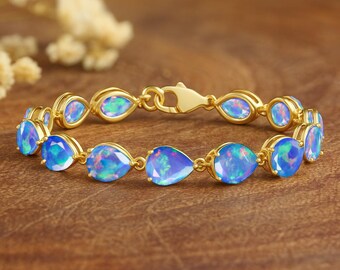 Blue Multifire Pear Cut Faceted Opal Tennis Bracelet, Genuine Opal Sliver Bracelet for Her, October Birthstone Jewelry, Opal Gift for Women