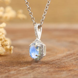 Pu&ograve; includere: Una collana d'argento con un ciondolo di pietra blu circondato da pietre trasparenti pi&ugrave; piccole.