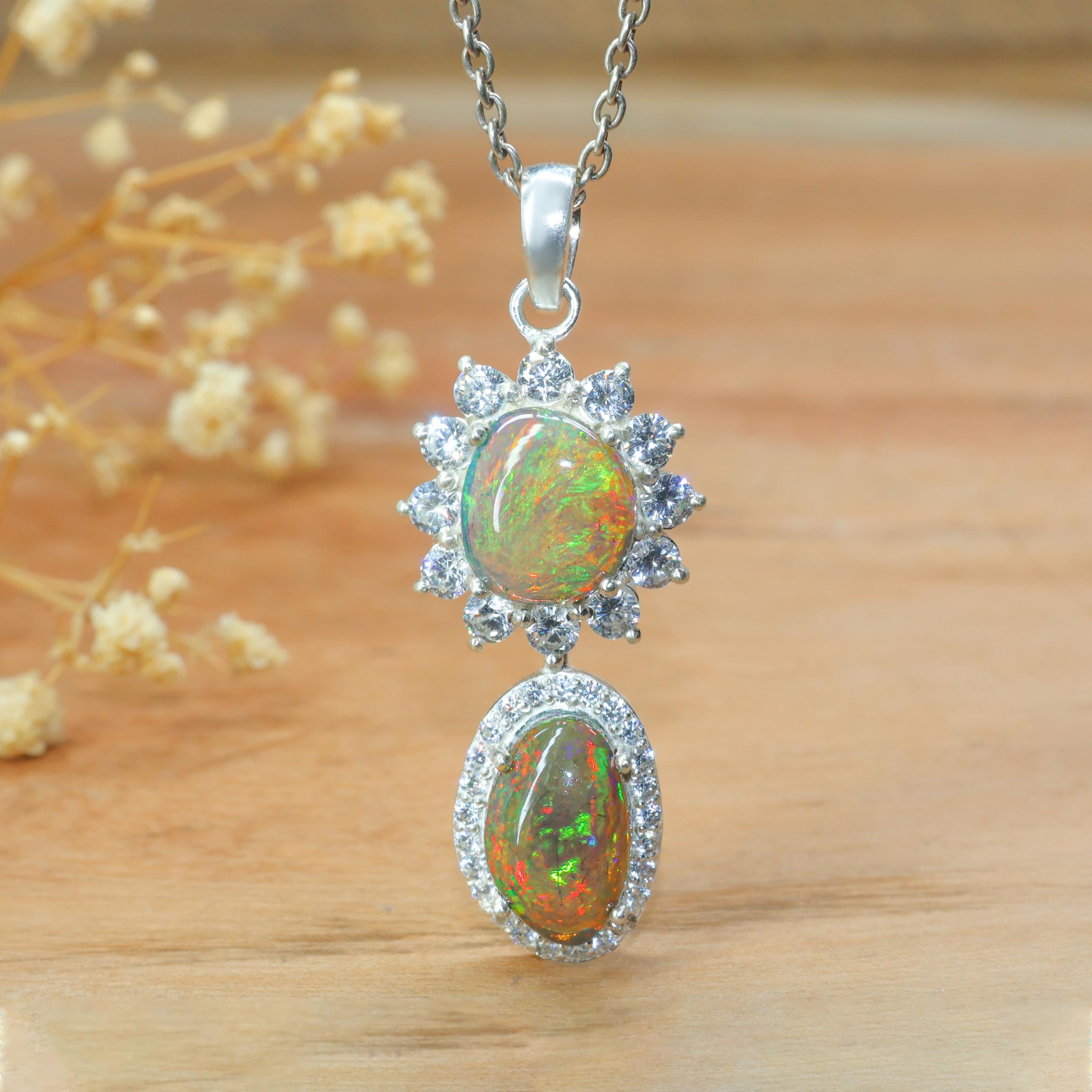 AAA Black Opal Gemstone Charm Pendant: Sterling Silver Necklace
