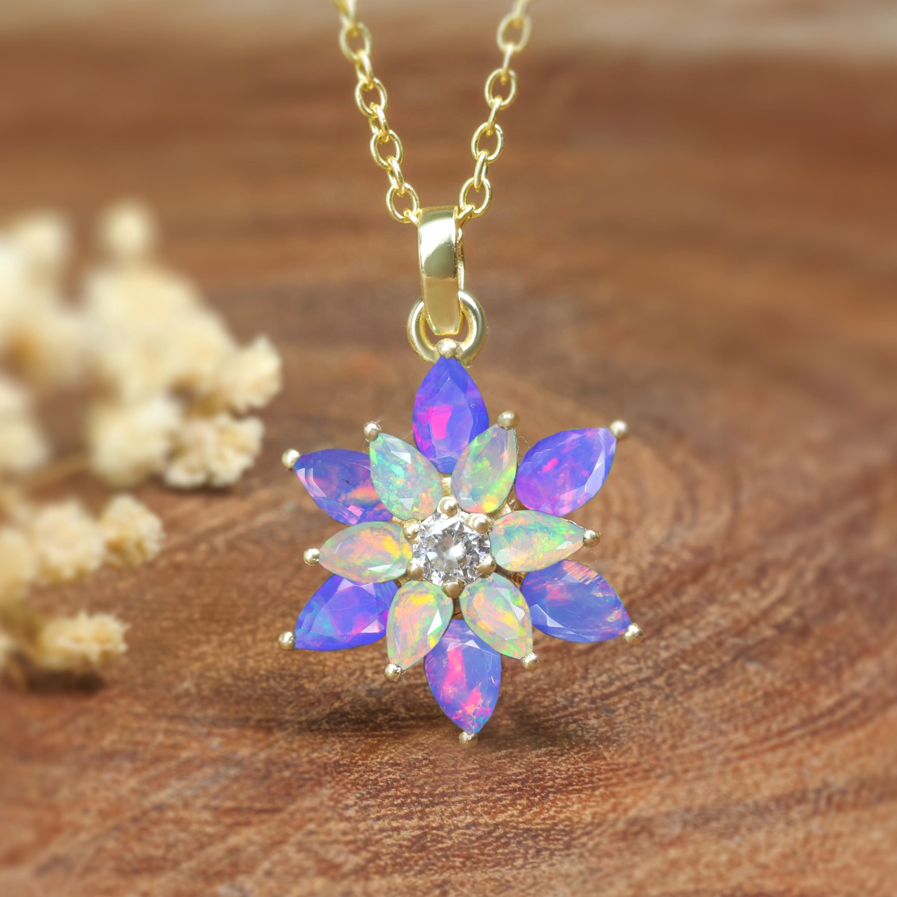 White Opal and Lavender Opal Gemstone Floral Pendant Necklace, Vintage Opal Gold Chain Necklace, AAA Natural Fire Opal Jewelry, Opal Pendant