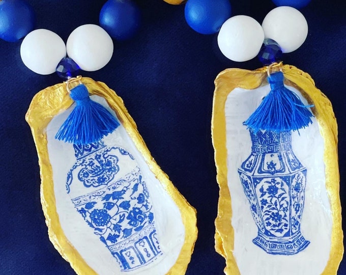 MONOGRAMMED - Set of Blue Chinoiserie Oyster Shell Napkin Rings