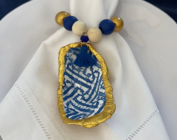 MONOGRAMMED - Set of Blue and White Abstract Oyster Shell Napkin Rings