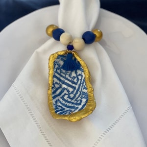 MONOGRAMMED - Set of Blue and White Abstract Oyster Shell Napkin Rings