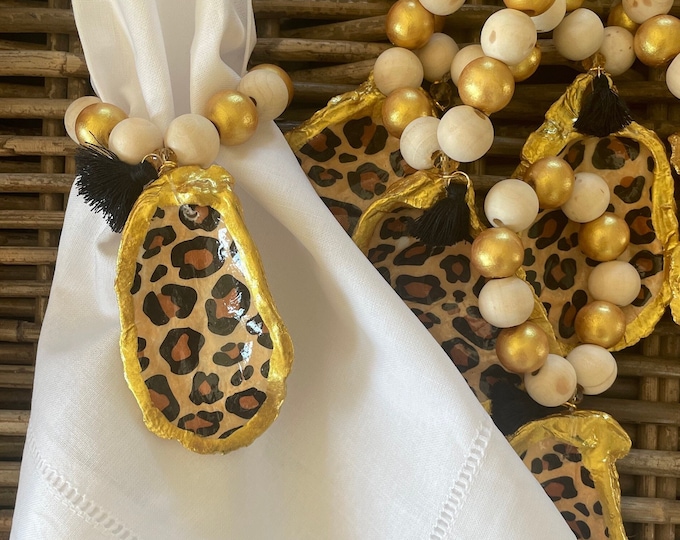 MONOGRAMMED - Set of Leopard Oyster Shell Napkin Rings