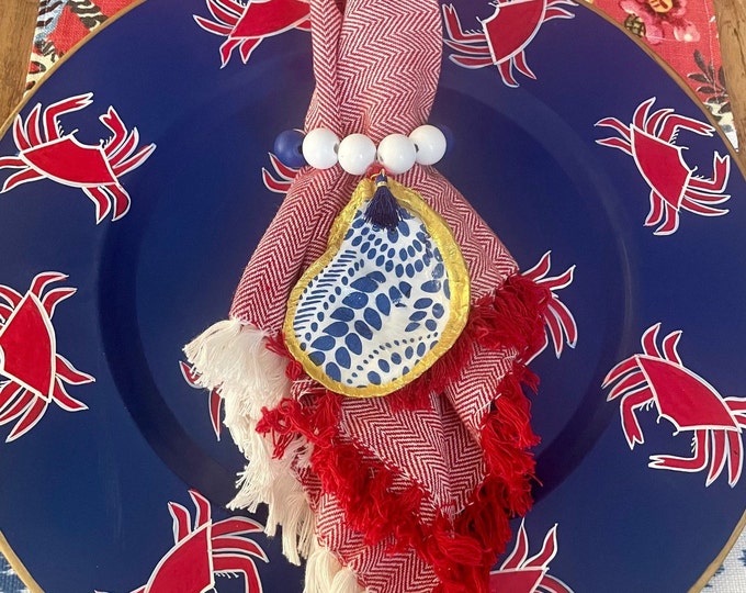 MONOGRAMMED - Set of Blue and White Oyster Shell Napkin Rings