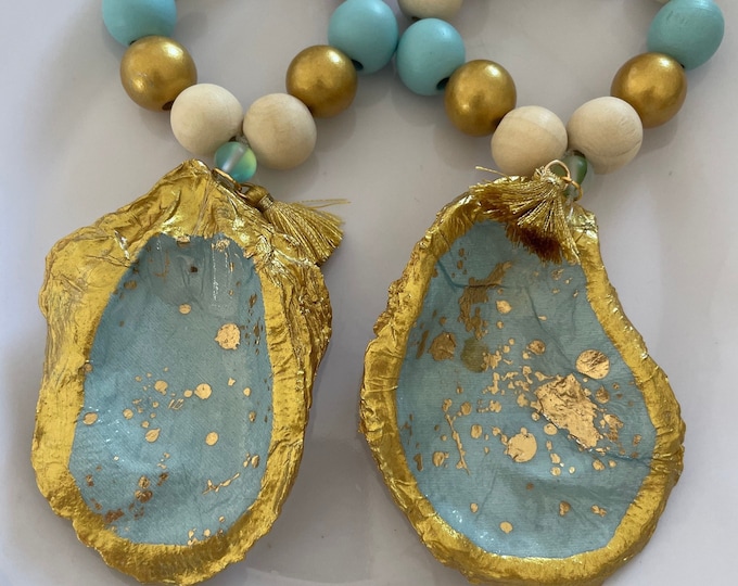 MONOGRAMMED - Set of Blue and Gold Oyster Shell Napkin Rings
