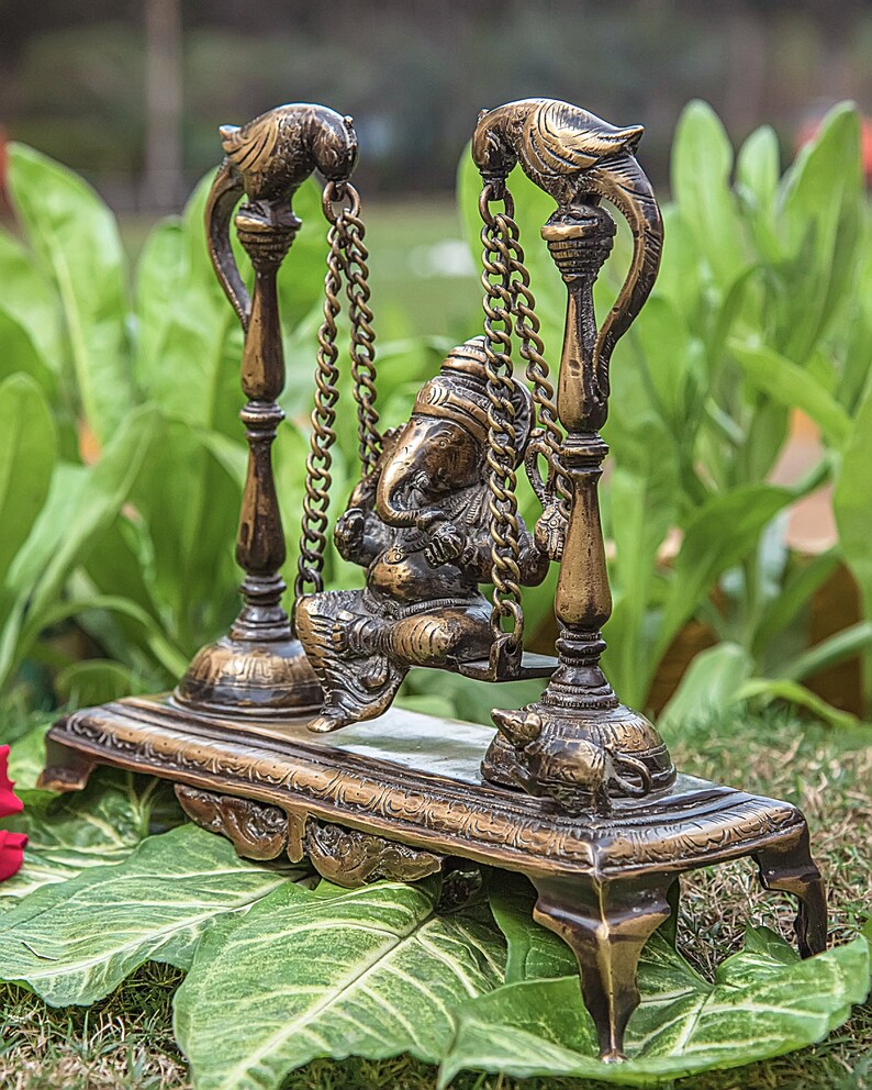 Brass Sculpture of Lord Ganesha on Swing Ganesha Jhoola on Parrot