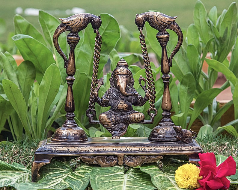 Brass Sculpture of Lord Ganesha on Swing Ganesha Jhoola on Parrot