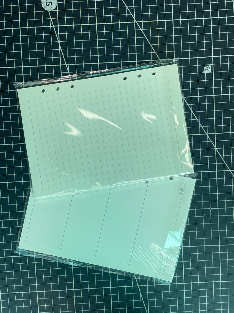 May include: A pack of two white lined paper refills for a planner or notebook. The paper is in a clear plastic sleeve and has holes punched along the top edge. The paper has the word "THU" printed on the bottom right corner.