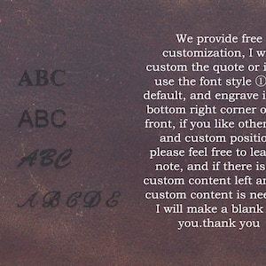 May include: A close-up of a brown leather surface displaying four font style options, numbered 1 to 4. Text details free customization, including engraving and font choices. The text also mentions the option to leave a note for custom content.