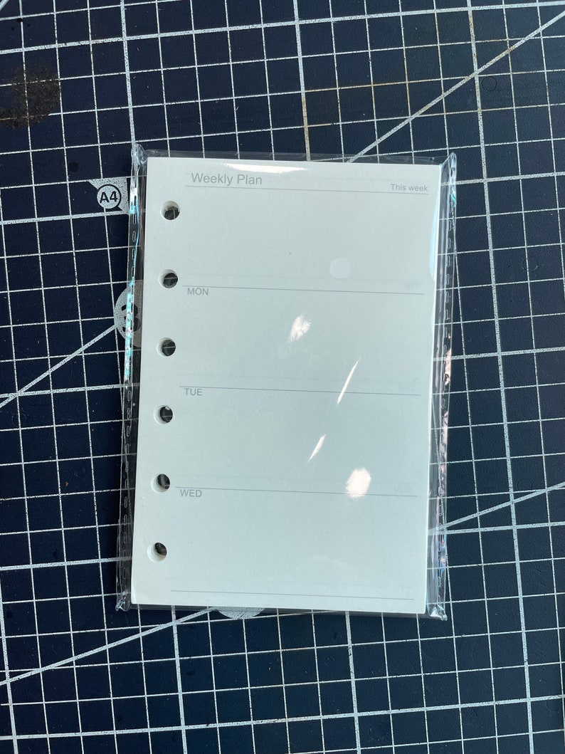 May include: A white weekly planner with a clear plastic cover. The planner has holes for a binder and has the words "Weekly Plan" and "This week" printed on it. The planner has spaces for each day of the week, Monday through Wednesday.