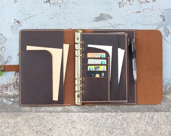 Personalized A5 Leather Organizer Agenda,Leather Binder Cover, Leather Notebook Cover, Refillable Leather binder Diary,Travel journal ,gift