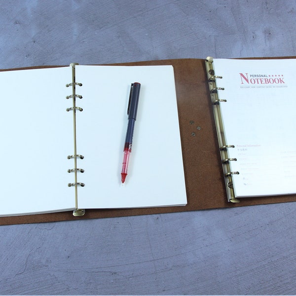 Carnet de notes avec mécanisme à deuxième anneau, Carnet de notes A5 personnalisé avec reliure en cuir, Carnet de notes A5 avec reliure à anneaux, Carnet de notes en cuir réutilisable, Carnet de notes en cuir