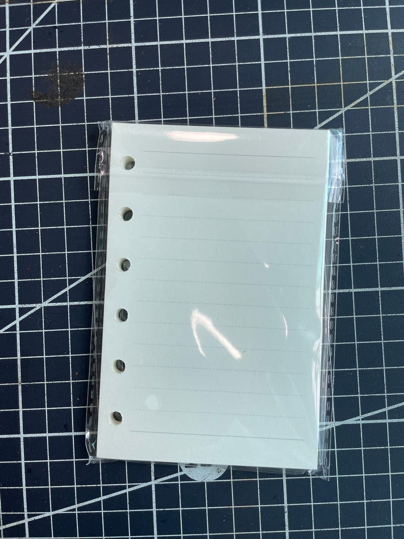 May include: A white, lined, blank notebook with a clear plastic cover and six holes down the side for a binder.