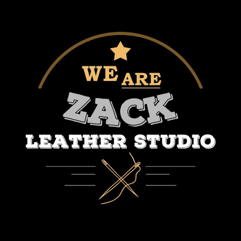 May include: A black logo featuring the text "WE ARE ZACK LEATHER STUDIO" in white, grey, and gold. A gold star and a curved line are above the text. Below the text is a crossed needle and thread.