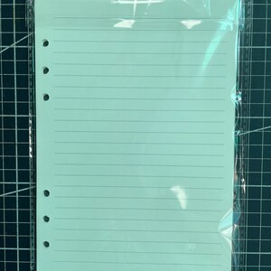 May include: A white, lined, paper refill for a disc bound planner. The paper is in a clear plastic sleeve with holes punched along the left side.