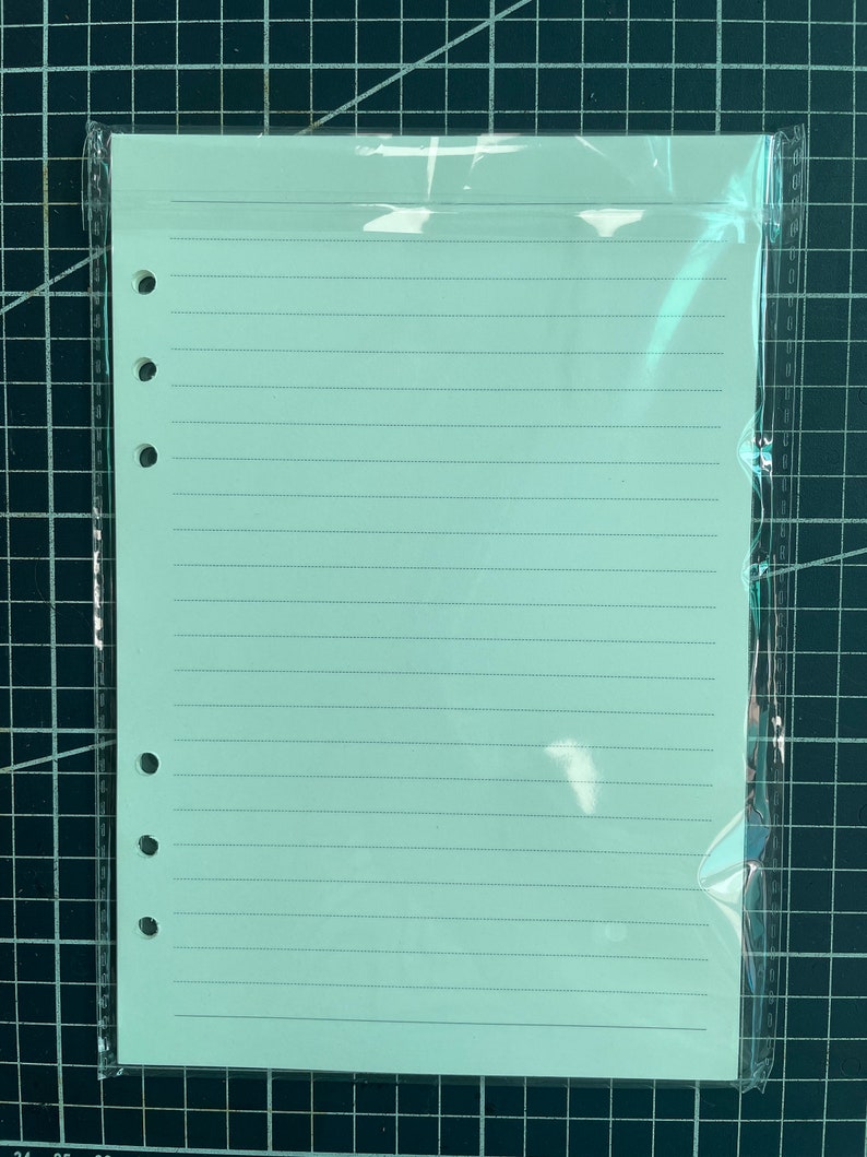 May include: A white, lined, paper refill for a disc bound planner. The paper is in a clear plastic sleeve with holes punched along the left side.