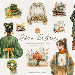 Aconchegante aquarela outono clipart pacote, ilustração de moda outono, cottagecore, outono meninas, abóbora, livros botas outono flores buquê clipart