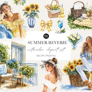 Clipart de acuarela de verano, coche clásico, girasoles, chicas de moda de verano, conjunto de imágenes de picnic de verano azul y amarillo, archivo PNG, pegatina para agenda