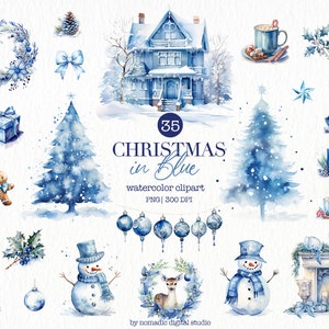 35 Clipart di Natale ad acquerello, Clipart di albero di Natale blu, Pacchetto PNG di Natale ad acquerello, Clipart invernale bianco blu, Uso commerciale