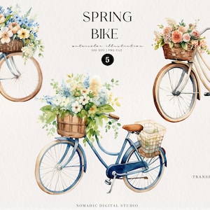 Clipart di bicicletta con fiori ad acquerello, invito di nozze, clipart di bicicletta floreale, adesivi digitali per diario e planner, clipart di scena primaverile