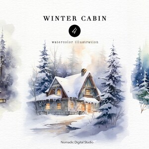 Winter Cabin Clipart, Watercolor Mountain, White winter scene, Card Making, Digital Paper Craft, Winter House Illustration,Christmas Clipart