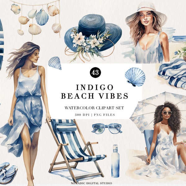 Blue Watercolor Ocean Lover Clipart Bundle, Summer Beach Girl Clipart Png, Fashion lllustration, seashells, sea & ocean, Travel Stickers