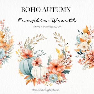 Boho Pumpkin Wreaths Watercolor Clipart, Fall Clipart, Autumn Sublimation Design, Thanksgiving Png, Blue White Floral Pumpkins Clipart,