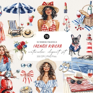 Aquarel kust zomer clipart, Middellandse Zee strand, rood blauw-Frans minnaar-nautisch-travel junk journal-digitale stickers, zomer meisjes