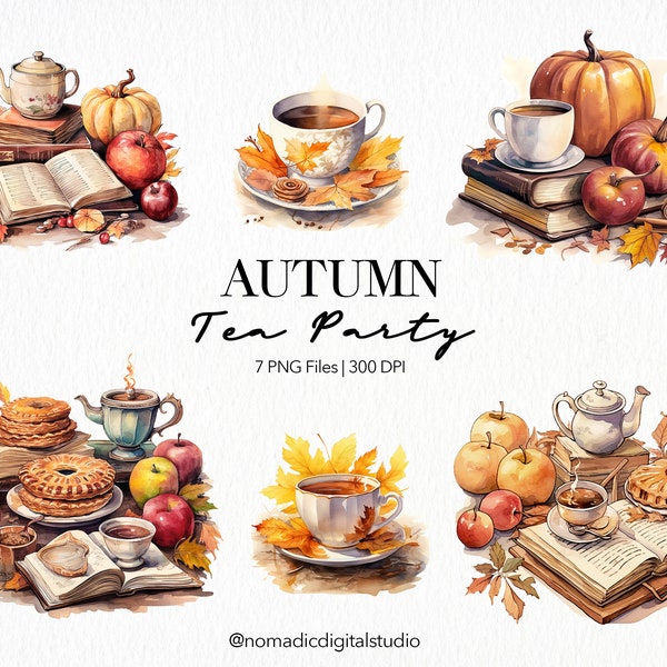Aquarell gemütliche Herbst Clipart Bündel, Herbst Tea Party Clipart, Cottagecore Tea Time Scenes, Vintage Vibe Illustration PNG, kommerzielle Nutzung