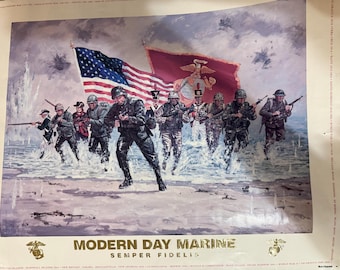 Vintage USMC Wars Poster | Gold-Tone EGA Emblems | Rare Marine Corps History Print | 25x31 Military Wall Art Collectible