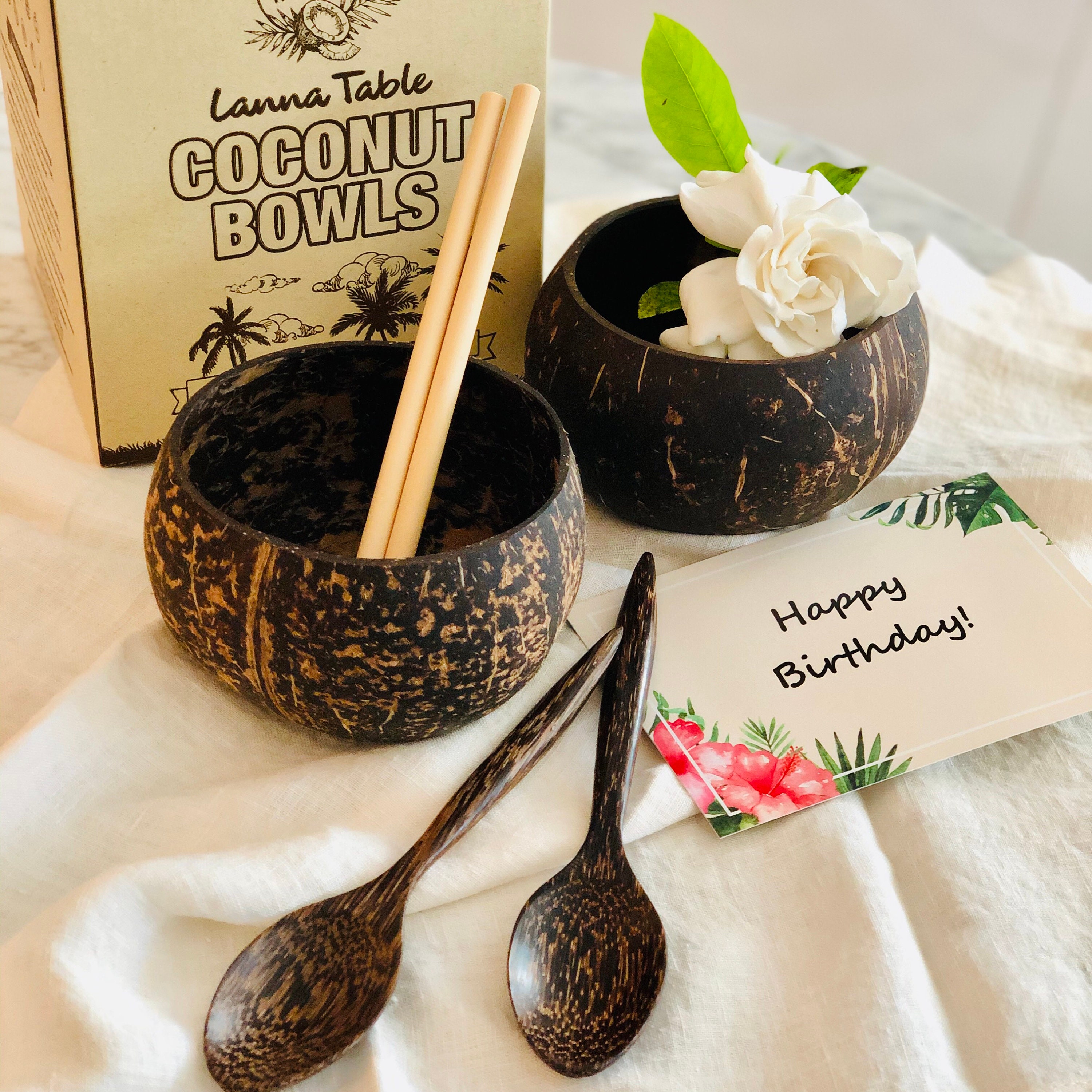 2 Coconut Bowls with Spoons & Straws Coconut Bowl Set Etsy