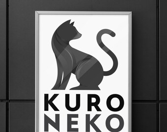 Black Cat Poster | Kuro Neko Art Print | Gift For Cat Lovers | Japanese Style Wall Decor | Cat Print | Minimalist Monochrome Cat Posters