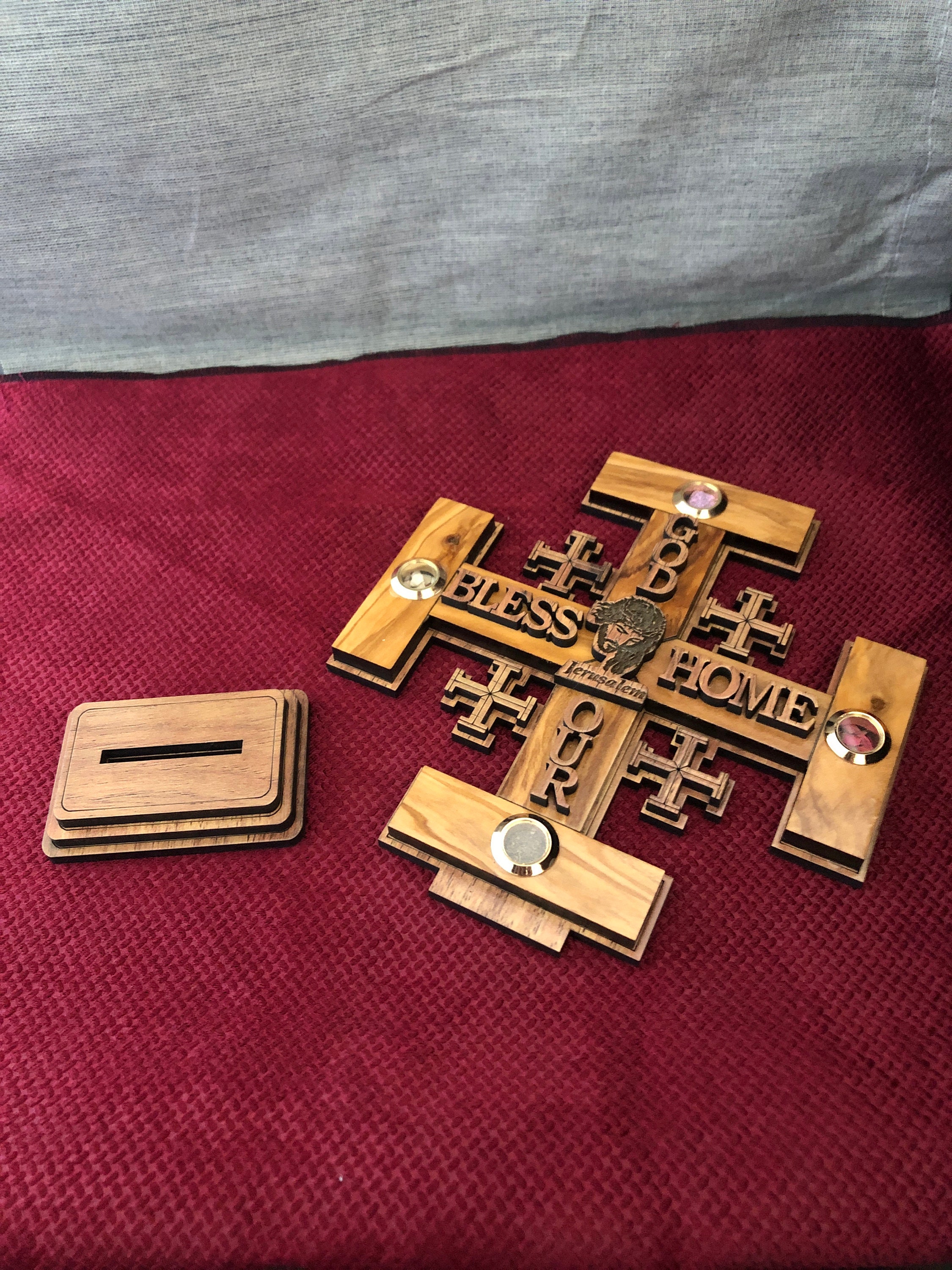 Handmade Olive Wood Jerusalem Cross with Soil and Incense from Etsy