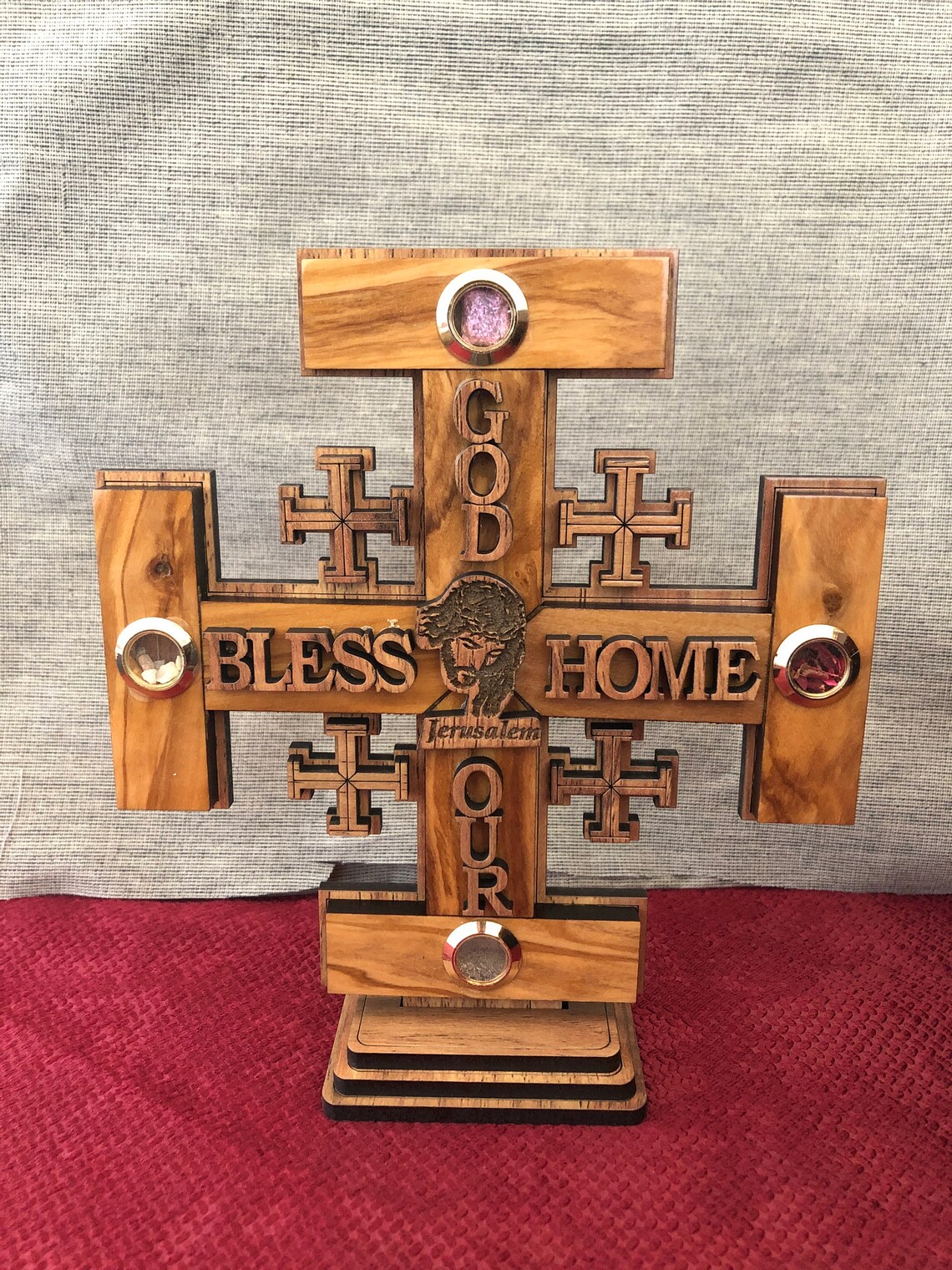 Handmade Olive Wood Jerusalem Cross with Soil and Incense from Etsy