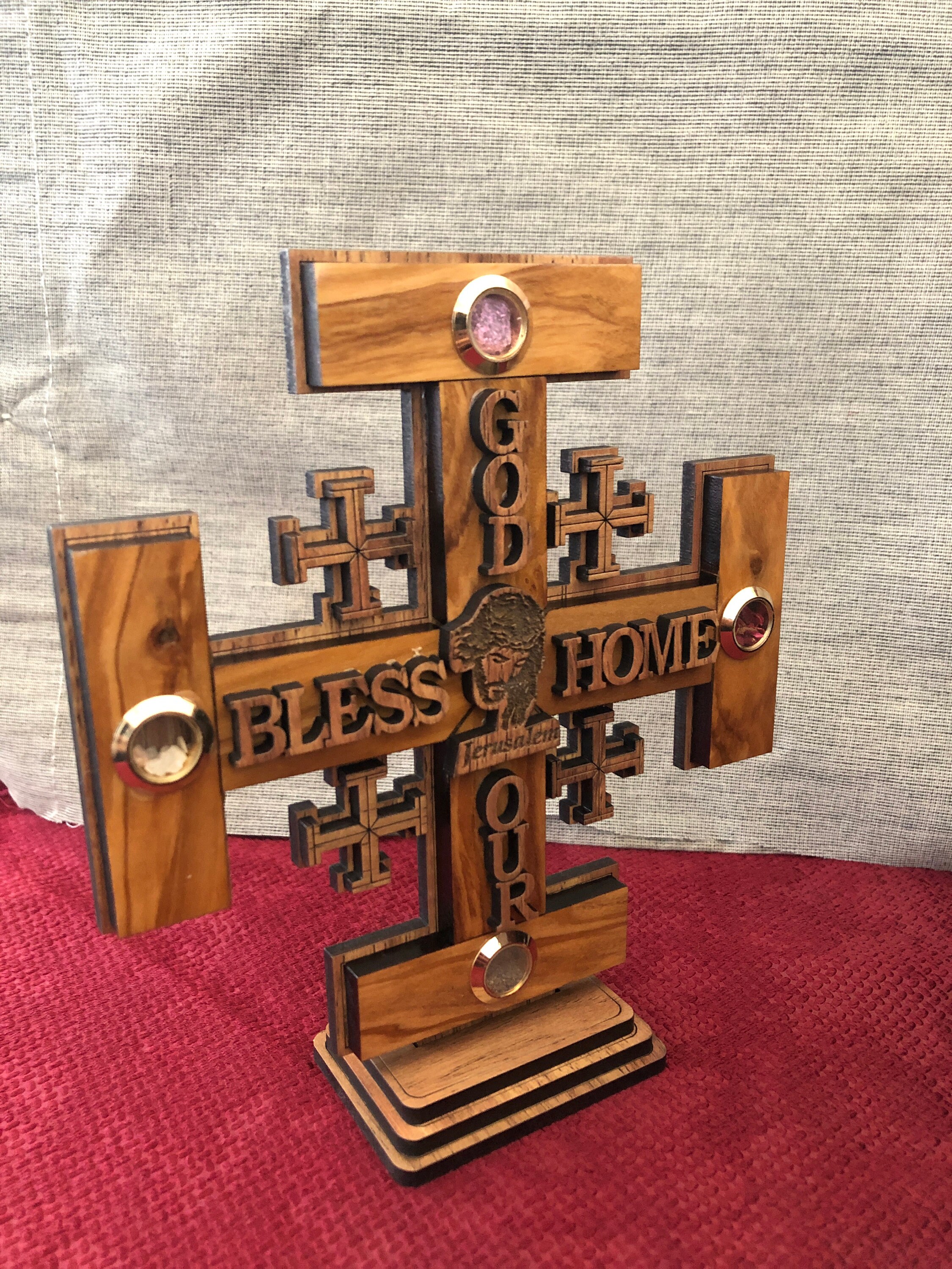 Handmade Olive Wood Jerusalem Cross with Soil and Incense from Etsy