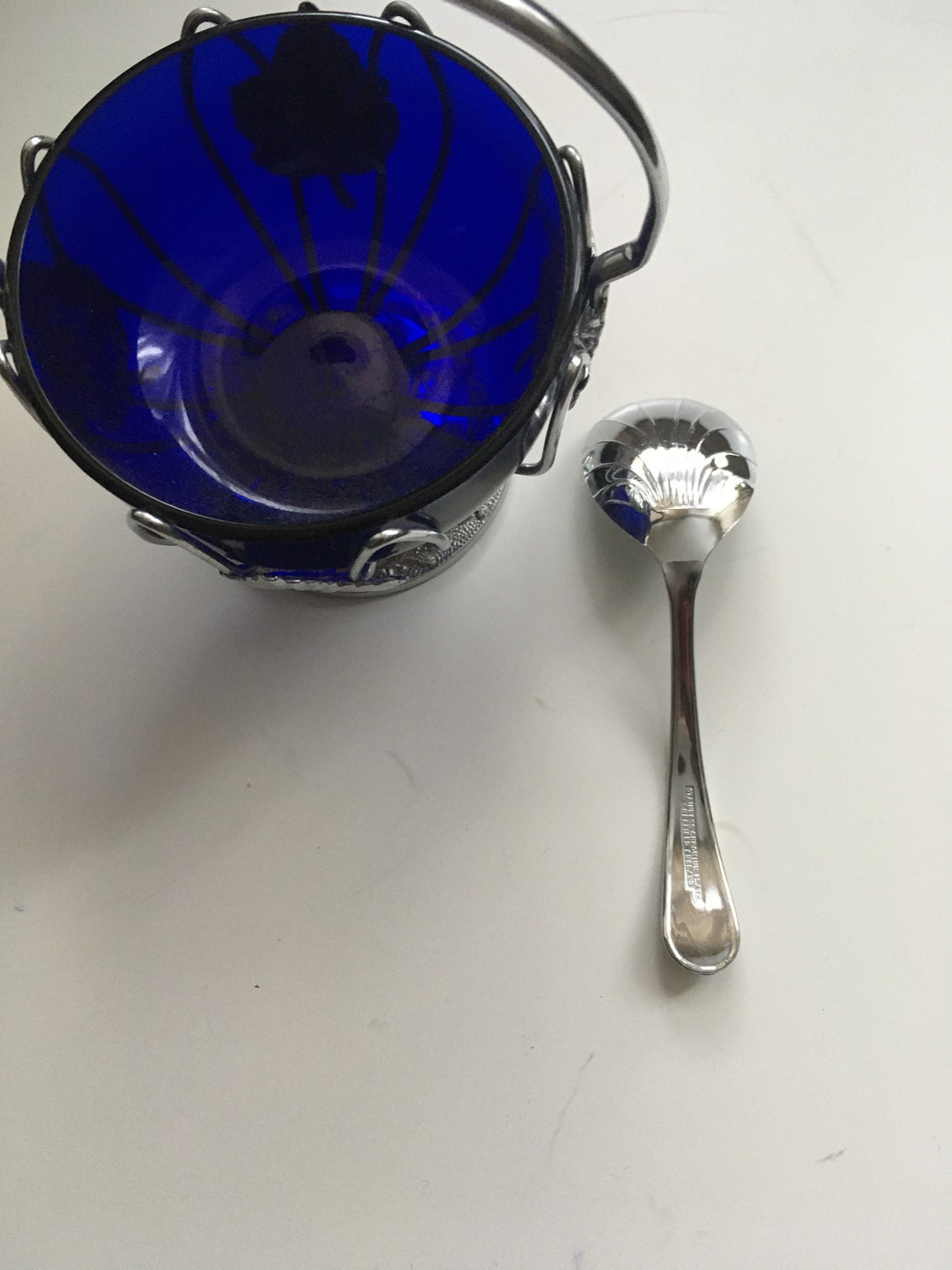 Vintage Blue Cobalt Glass Sugar Bowl, Chrome Plated Spoon, Gift for Her