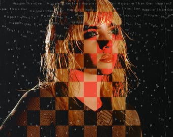 May include: Digital art portrait of a person with blonde hair, partially obscured by a red and black checkerboard pattern. The image has text that reads "Happier Than Ever" in a repeating pattern on a dark background.